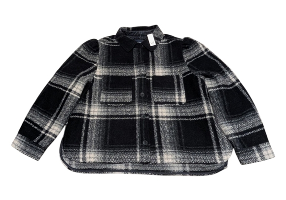 GAP XXL Tall Puff Sleeve Cropped Wool Shirt Plaid Black Gray Jacket New Tags - Picture 3 of 9